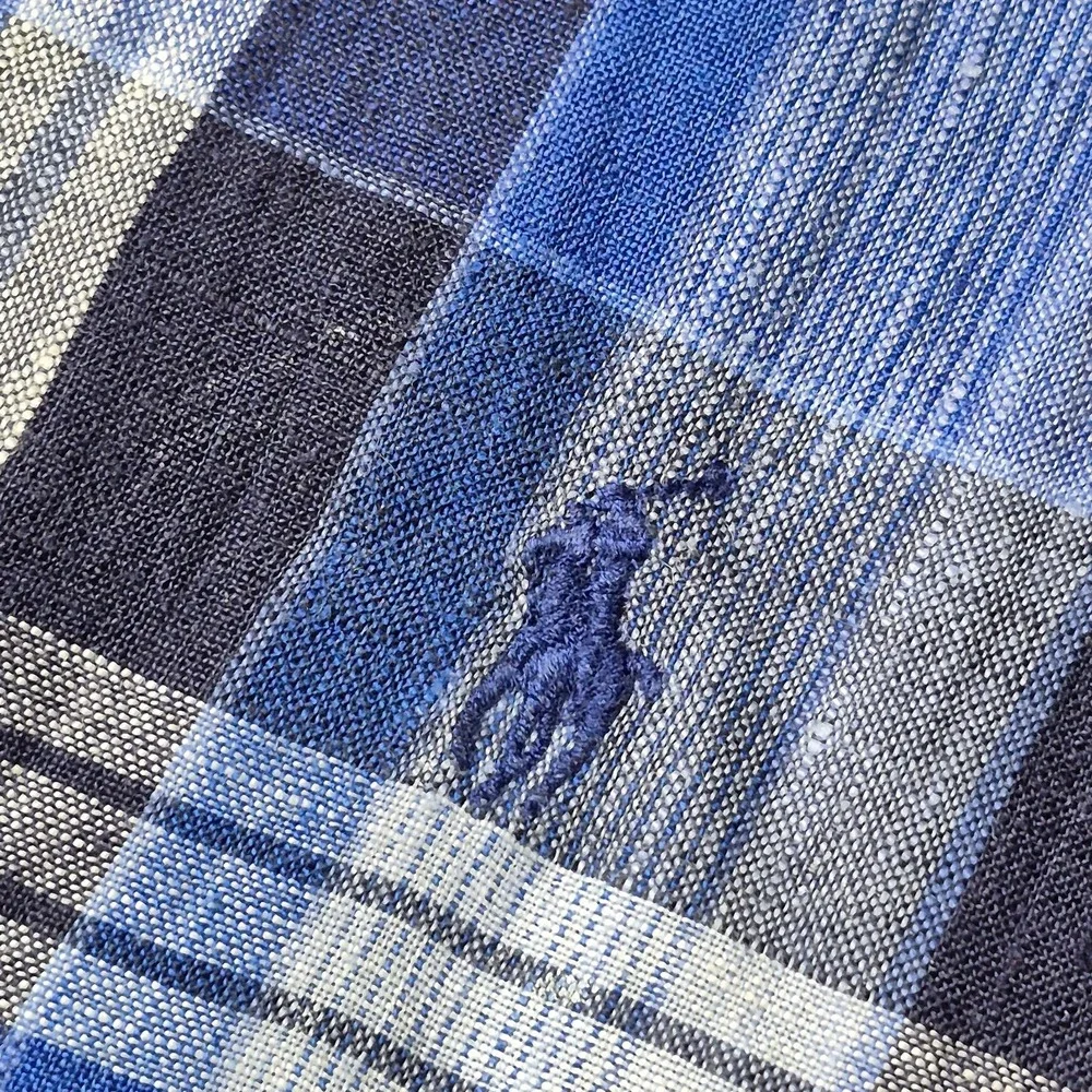 Ralph Lauren Men's L‎ Linen Plaid Button Down Shirt Blue Preppy